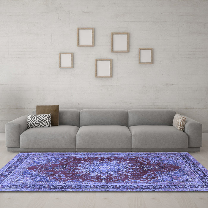 Machine Washable Medallion Blue Traditional Rug in a Living Room, wshtr2883blu