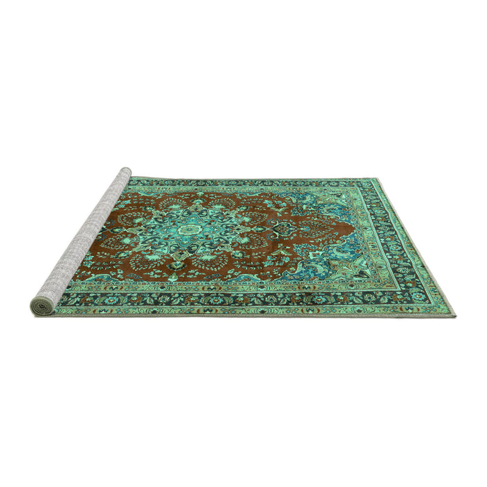 Sideview of Machine Washable Medallion Turquoise Traditional Area Rugs, wshtr2883turq