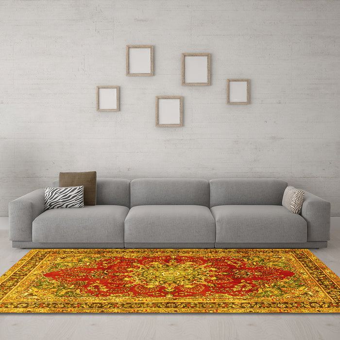 Machine Washable Medallion Yellow Traditional Rug in a Living Room, wshtr2883yw