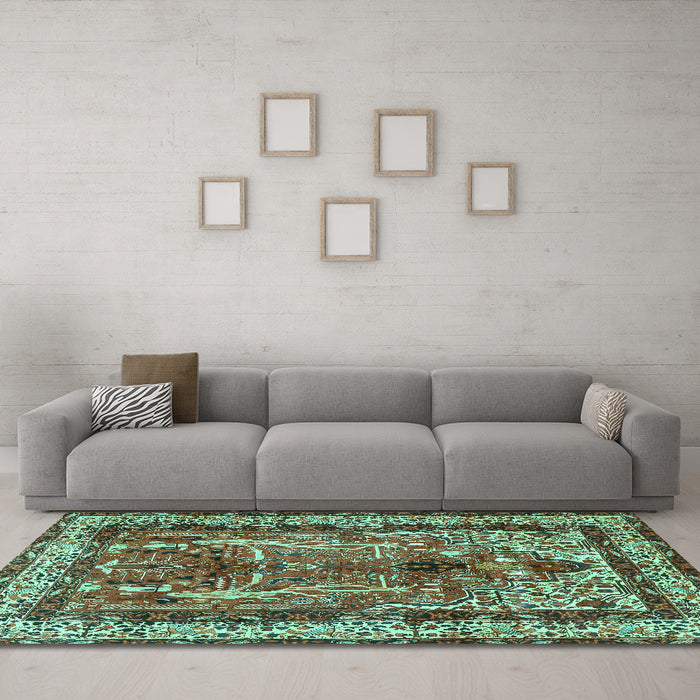 Machine Washable Persian Turquoise Traditional Area Rugs in a Living Room,, wshtr2884turq
