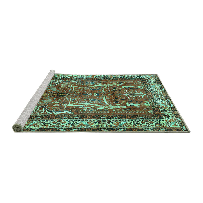 Sideview of Machine Washable Persian Turquoise Traditional Area Rugs, wshtr2884turq