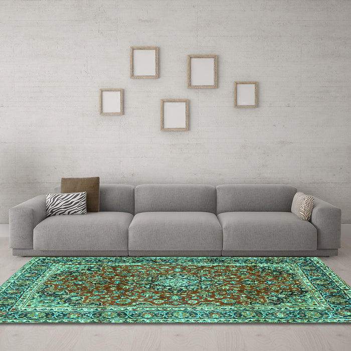 Machine Washable Persian Turquoise Traditional Area Rugs in a Living Room,, wshtr2885turq