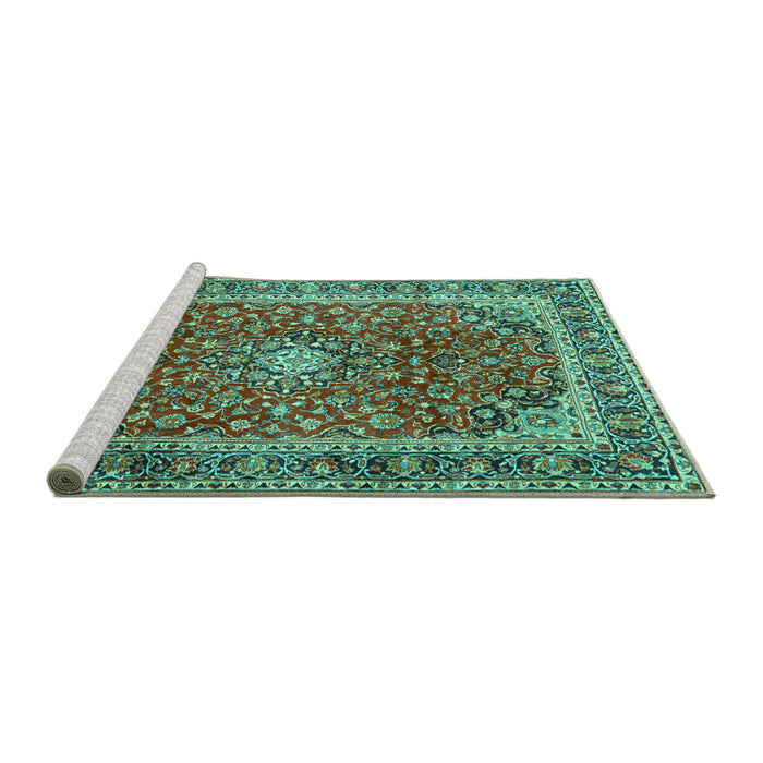 Sideview of Machine Washable Persian Turquoise Traditional Area Rugs, wshtr2885turq