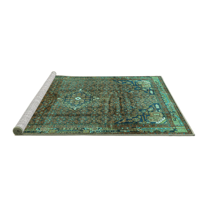Sideview of Machine Washable Persian Turquoise Traditional Area Rugs, wshtr2886turq