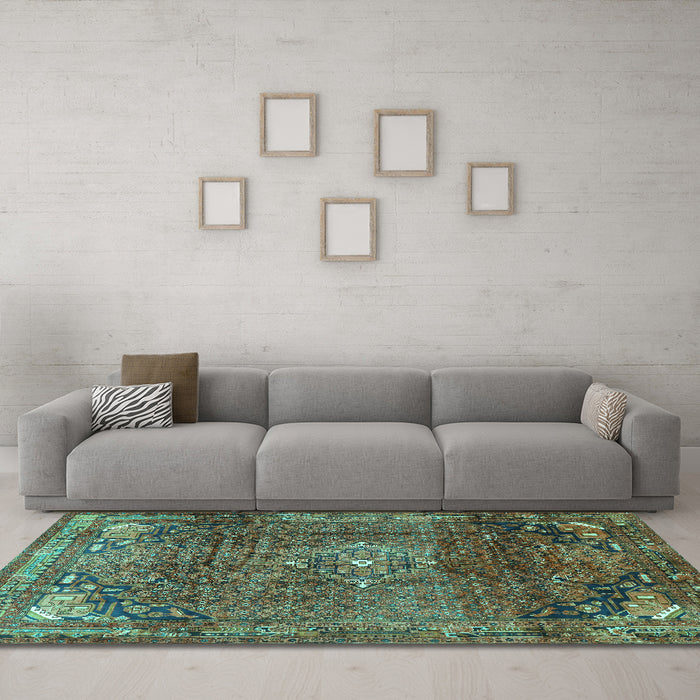 Machine Washable Persian Turquoise Traditional Area Rugs in a Living Room,, wshtr2886turq