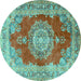 Round Machine Washable Medallion Turquoise Traditional Area Rugs, wshtr2887turq