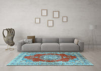 Machine Washable Medallion Light Blue Traditional Rug, wshtr2887lblu