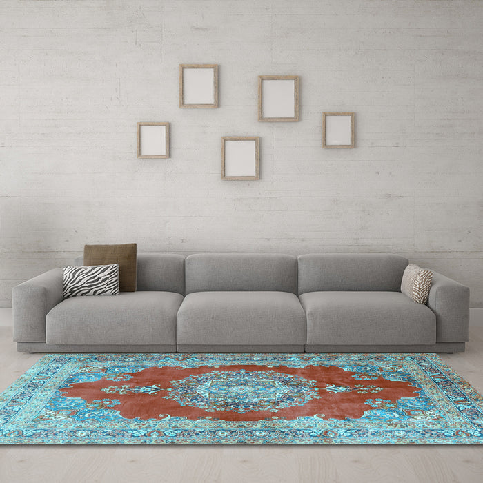 Machine Washable Medallion Light Blue Traditional Rug in a Living Room, wshtr2887lblu