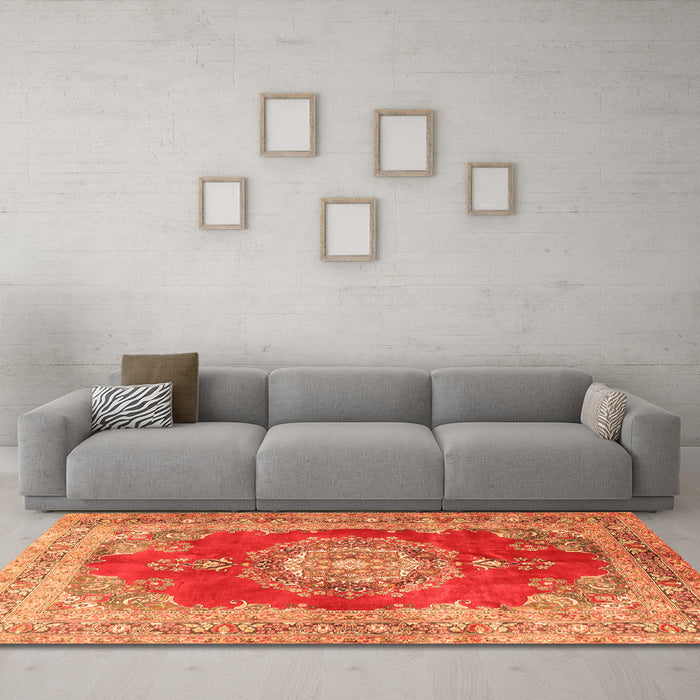 Machine Washable Medallion Orange Traditional Area Rugs in a Living Room, wshtr2887org