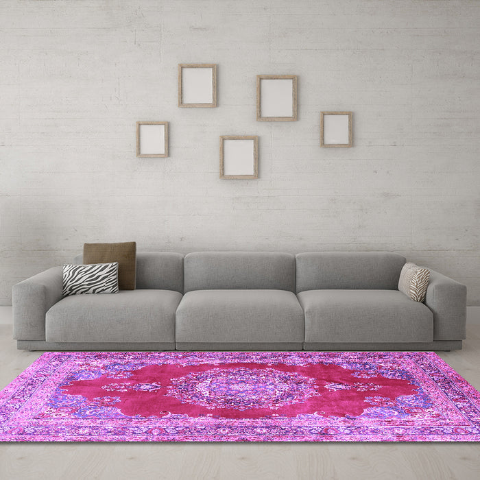 Machine Washable Medallion Purple Traditional Area Rugs in a Living Room, wshtr2887pur