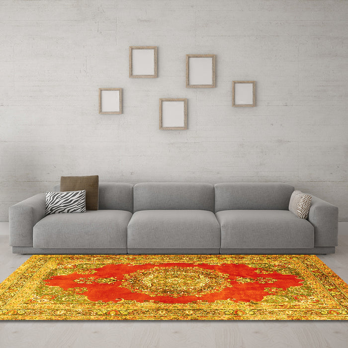 Machine Washable Medallion Yellow Traditional Rug in a Living Room, wshtr2887yw