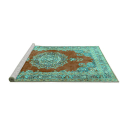 Sideview of Machine Washable Medallion Turquoise Traditional Area Rugs, wshtr2887turq
