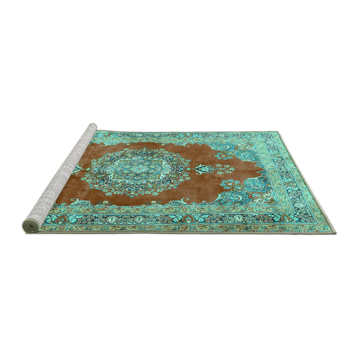 Sideview of Machine Washable Medallion Turquoise Traditional Area Rugs, wshtr2887turq