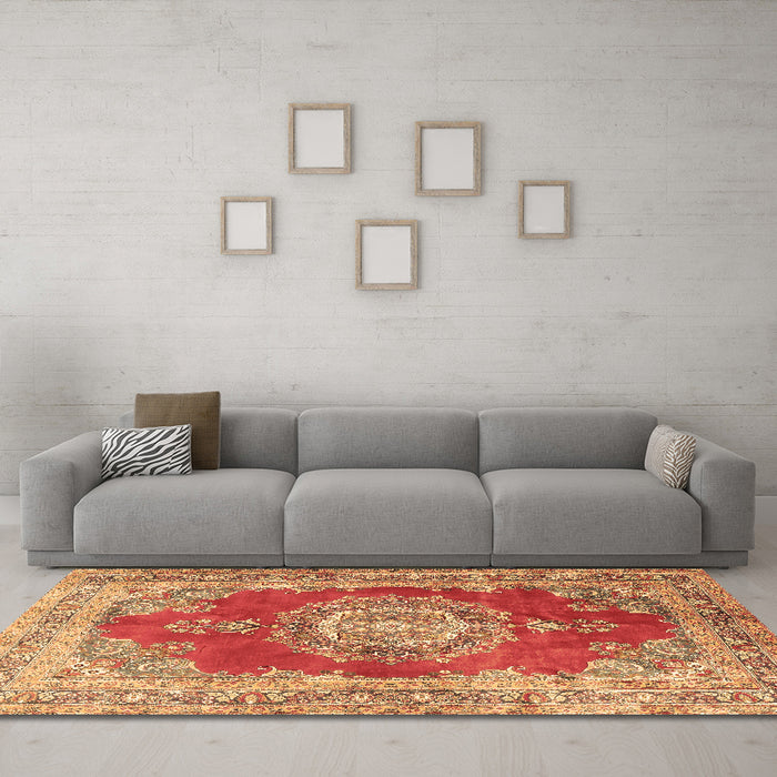 Machine Washable Medallion Brown Traditional Rug in a Living Room,, wshtr2887brn
