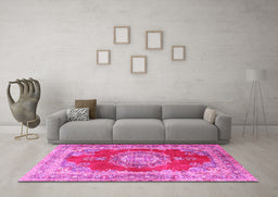 Machine Washable Medallion Pink Traditional Rug in a Living Room, wshtr2887pnk