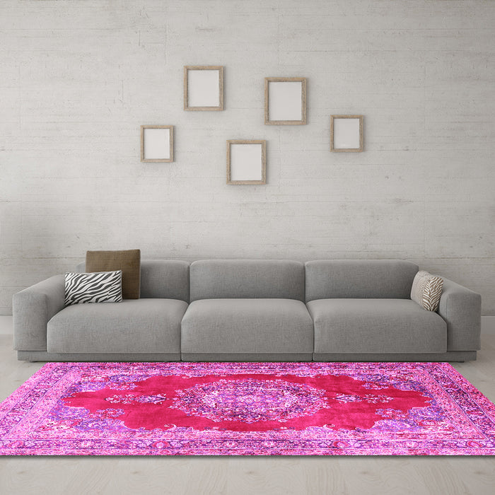 Machine Washable Medallion Pink Traditional Rug in a Living Room, wshtr2887pnk
