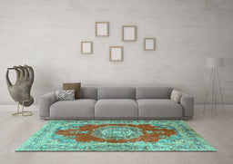 Machine Washable Medallion Turquoise Traditional Area Rugs in a Living Room,, wshtr2887turq