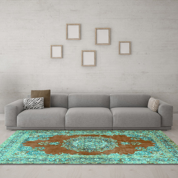 Machine Washable Medallion Turquoise Traditional Area Rugs in a Living Room,, wshtr2887turq