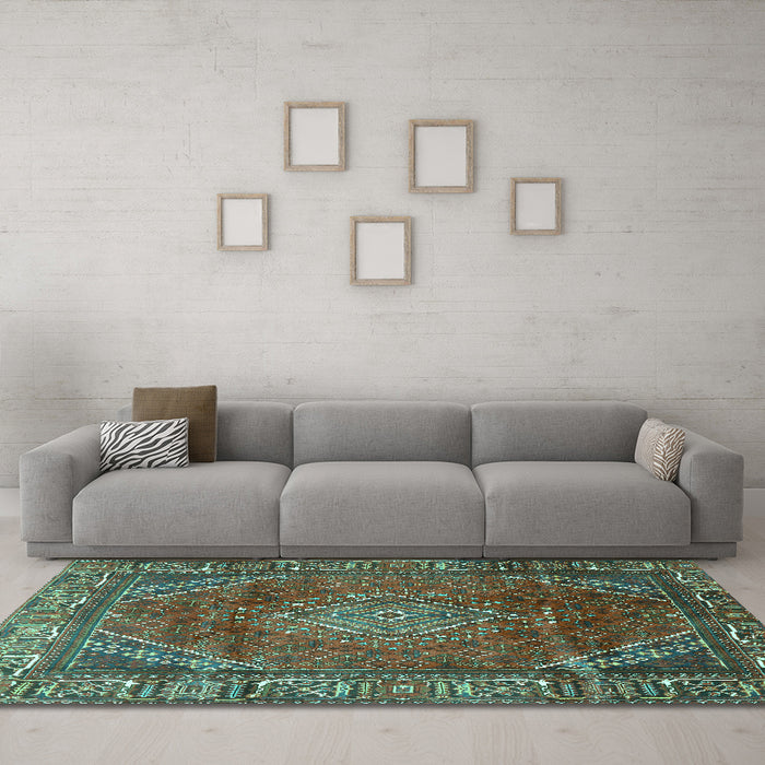Machine Washable Persian Turquoise Traditional Area Rugs in a Living Room,, wshtr2888turq