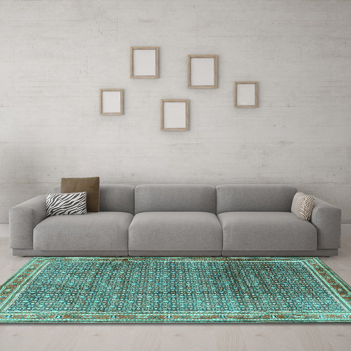 Machine Washable Persian Turquoise Traditional Area Rugs in a Living Room,, wshtr2889turq