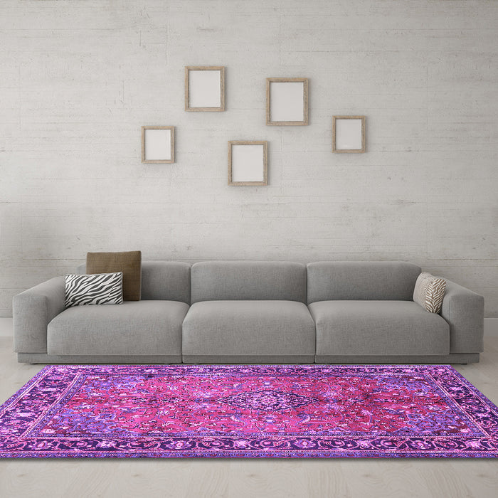 Machine Washable Persian Purple Traditional Area Rugs in a Living Room, wshtr2890pur