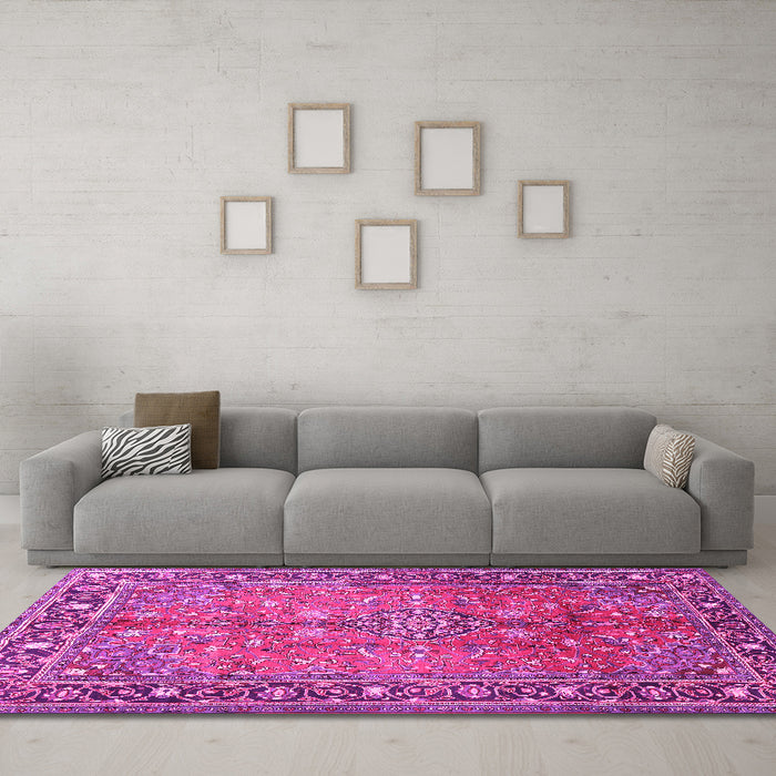 Machine Washable Persian Pink Traditional Rug in a Living Room, wshtr2890pnk