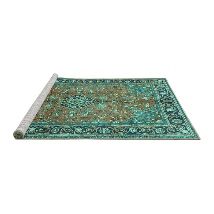 Sideview of Machine Washable Persian Turquoise Traditional Area Rugs, wshtr2890turq