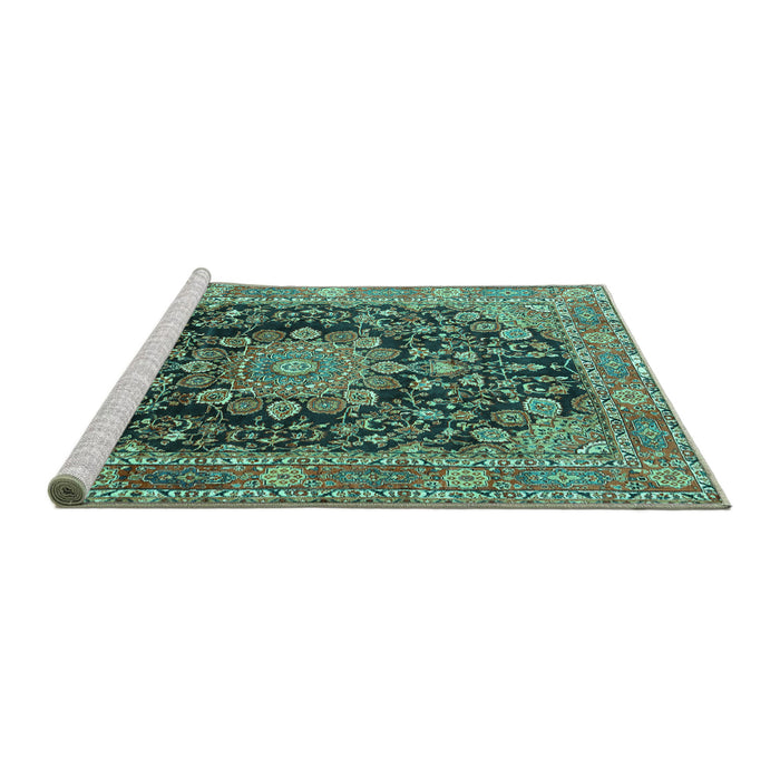 Sideview of Machine Washable Persian Turquoise Traditional Area Rugs, wshtr2891turq