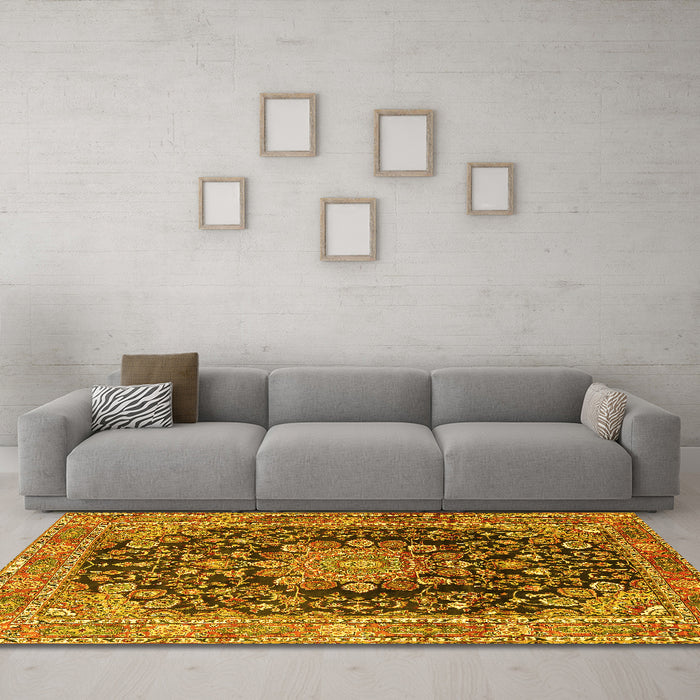 Machine Washable Persian Yellow Traditional Rug in a Living Room, wshtr2891yw