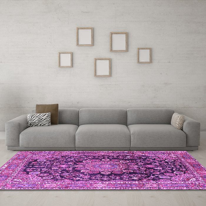 Machine Washable Persian Purple Traditional Area Rugs in a Living Room, wshtr2891pur