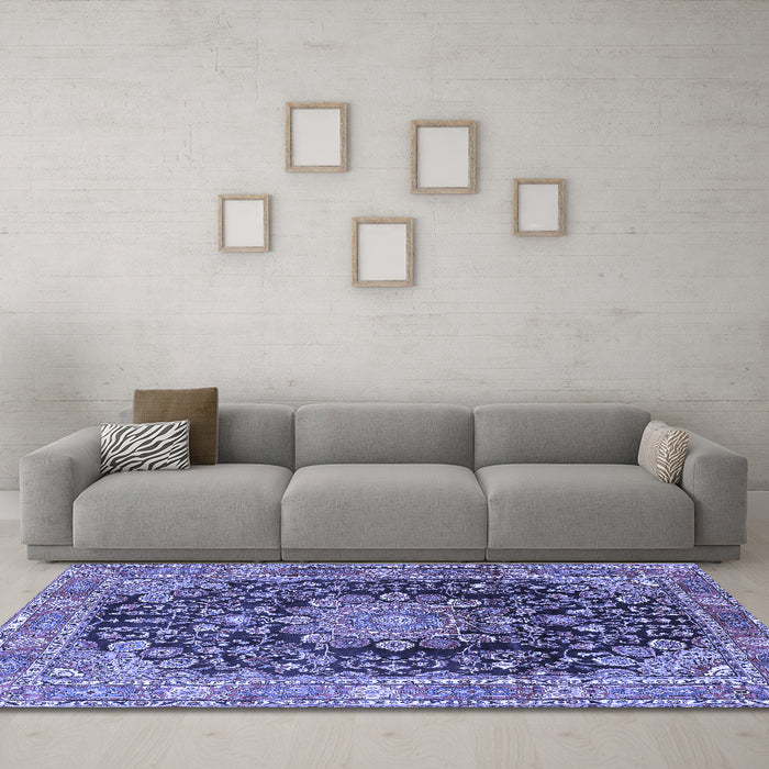 Machine Washable Persian Blue Traditional Rug in a Living Room, wshtr2891blu