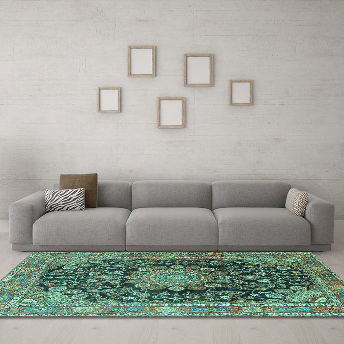 Machine Washable Persian Turquoise Traditional Area Rugs in a Living Room,, wshtr2891turq