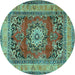 Round Machine Washable Medallion Turquoise Traditional Area Rugs, wshtr2892turq