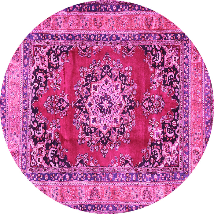 Round Machine Washable Medallion Pink Traditional Rug, wshtr2892pnk