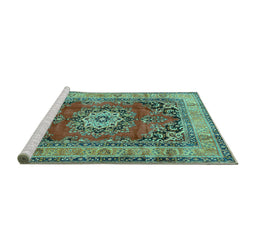 Sideview of Machine Washable Medallion Turquoise Traditional Area Rugs, wshtr2892turq