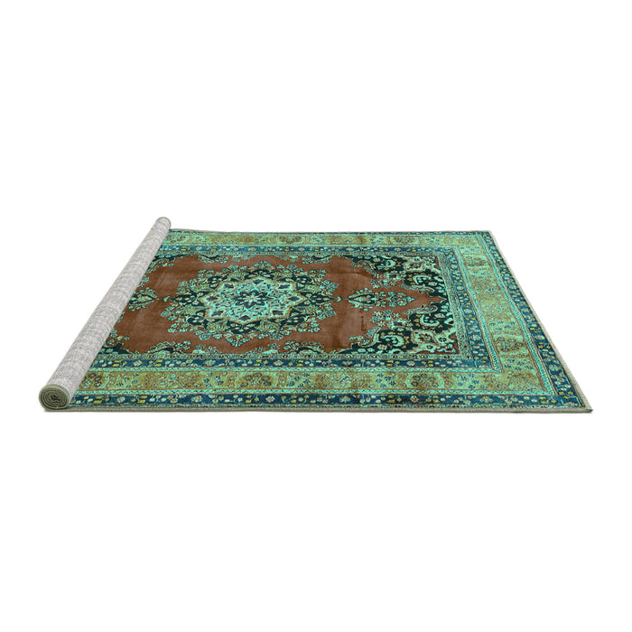 Sideview of Machine Washable Medallion Turquoise Traditional Area Rugs, wshtr2892turq