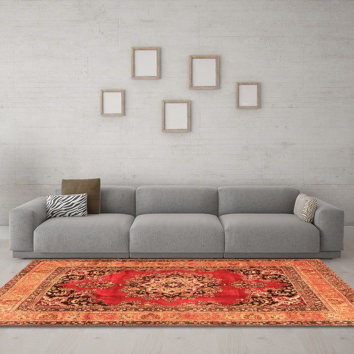 Machine Washable Medallion Orange Traditional Area Rugs in a Living Room, wshtr2892org