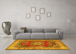 Machine Washable Medallion Yellow Traditional Rug in a Living Room, wshtr2892yw