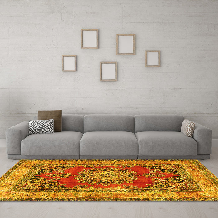 Machine Washable Medallion Yellow Traditional Rug in a Living Room, wshtr2892yw