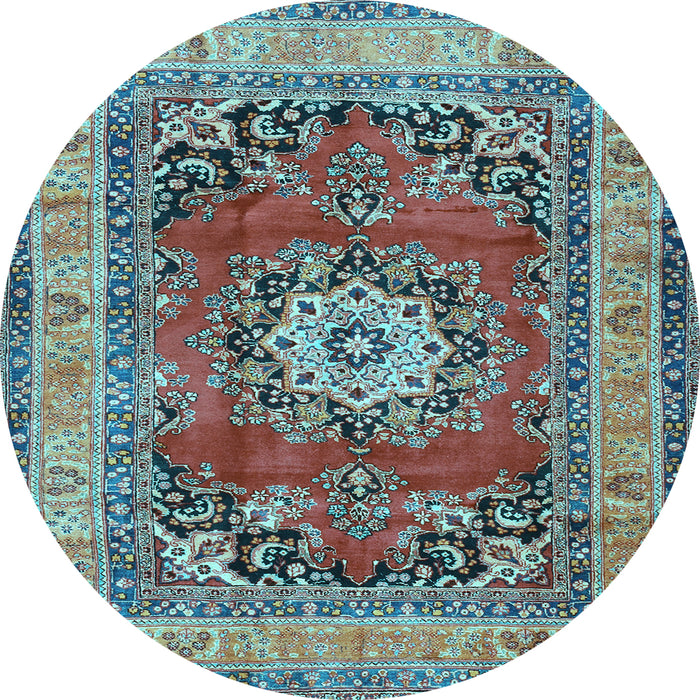 Round Machine Washable Medallion Light Blue Traditional Rug, wshtr2892lblu