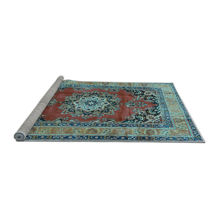 Sideview of Machine Washable Medallion Light Blue Traditional Rug, wshtr2892lblu