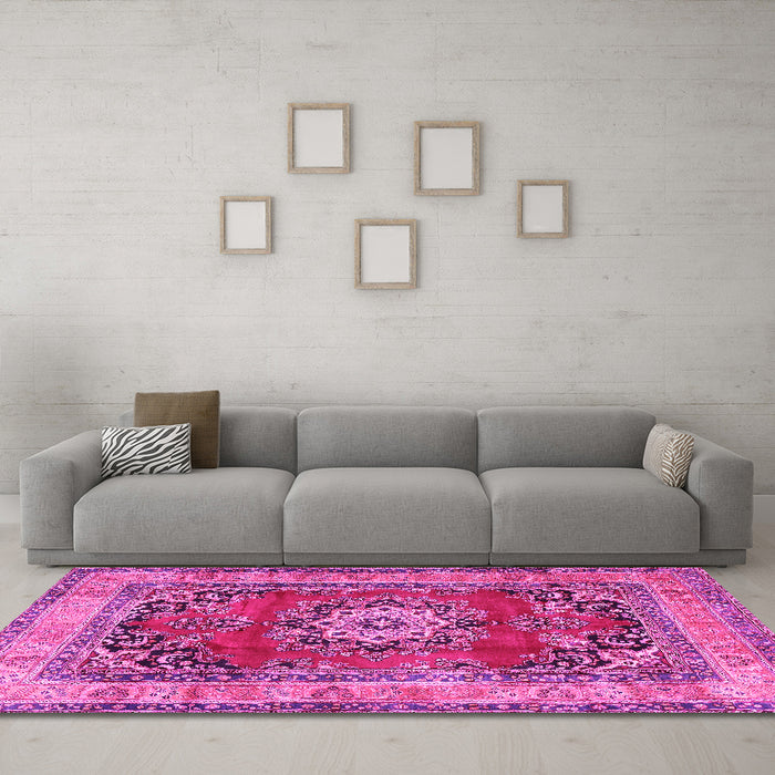 Machine Washable Medallion Pink Traditional Rug in a Living Room, wshtr2892pnk