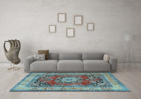 Machine Washable Medallion Light Blue Traditional Rug, wshtr2892lblu