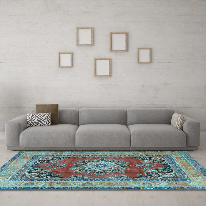 Machine Washable Medallion Light Blue Traditional Rug in a Living Room, wshtr2892lblu