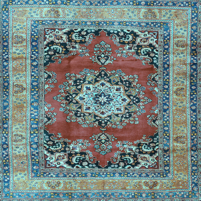 Square Machine Washable Medallion Light Blue Traditional Rug, wshtr2892lblu