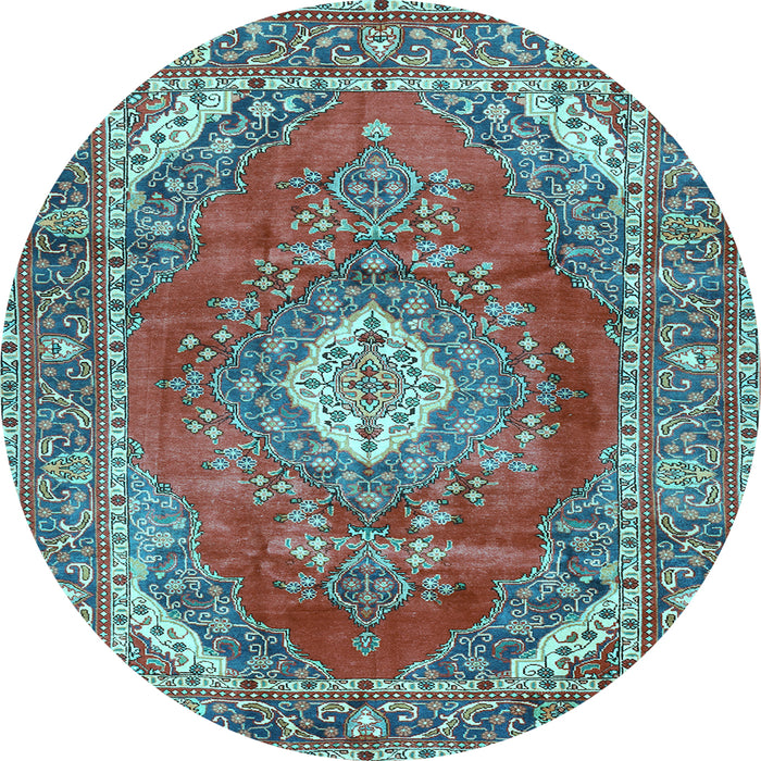Round Machine Washable Medallion Light Blue Traditional Rug, wshtr2893lblu