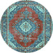 Round Machine Washable Medallion Light Blue Traditional Rug, wshtr2893lblu