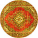 Round Machine Washable Medallion Yellow Traditional Rug, wshtr2893yw