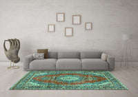 Machine Washable Medallion Turquoise Traditional Rug, wshtr2893turq