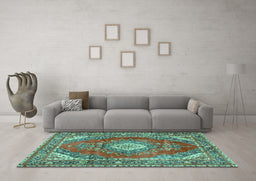 Machine Washable Medallion Turquoise Traditional Area Rugs in a Living Room,, wshtr2893turq